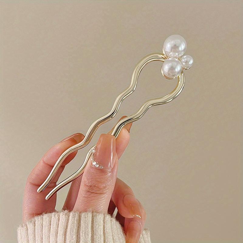 Chinese Style Faux Pearl Wave U-shaped Hairpin, Metal Golden Hair Stick, Bun Headwear