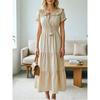 Damska Jednolita Sukienka Bez Ramiączek Z Falbankami, Bufiastymi Rękawami i Wiązaniem w Talii, Zwiewna, Rozkloszowana, Trapezowa, Codzienna, Modna, Wieczorowa dla Europejek i Amerykanek
