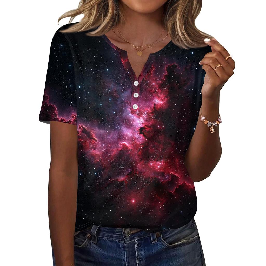 Damska Koszulka z Nadrukiem Guziki Krótki Rękaw Codzienna Weekendowa Moda Podstawowy Dekolt V Regularny Top