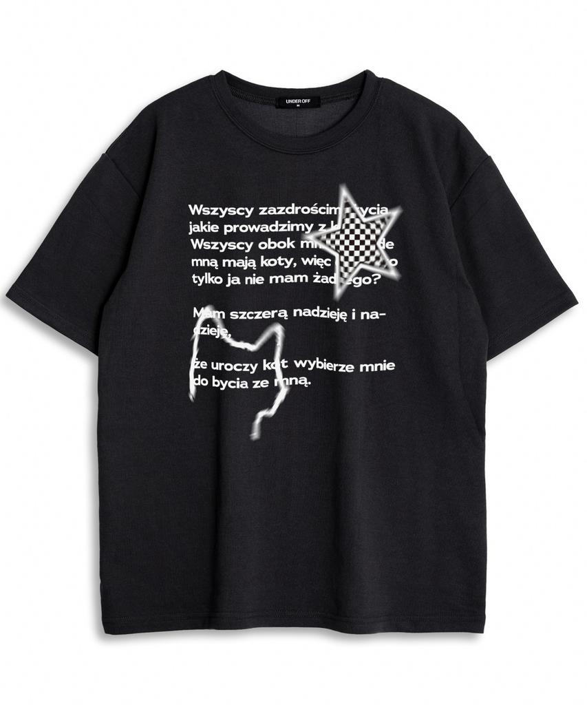 UNDEROFF Oversized Crew Neck Polish Cats Lettering Short Sleeve T-Shirt Black