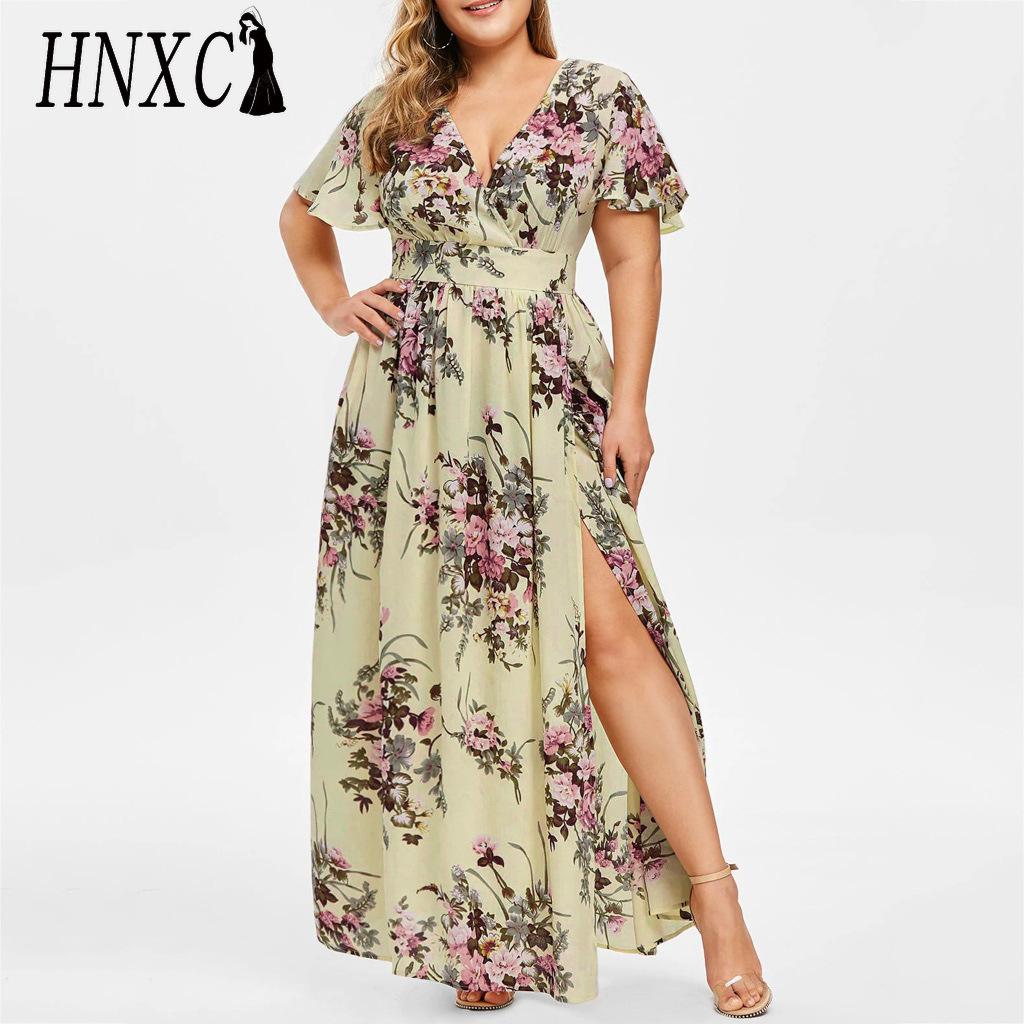HNXC L-5XL Женская мода Лето Весна Короткий рукав V-образный вырез Повседневные платья L бежевый