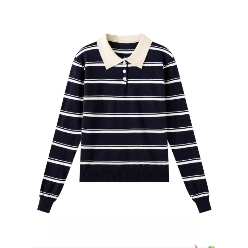 A New Design Striped Polo Neck Knitted Sweater for Women In Autumn and Winter, A Versatile, Slimming and Figure-hugging Long-sleeved Top