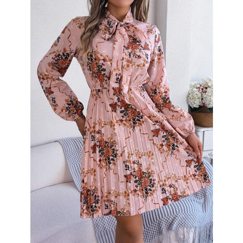 Women's Autumn and Winter Elegant Flower Lace-up Waist Long Sleeve Pleated Dress