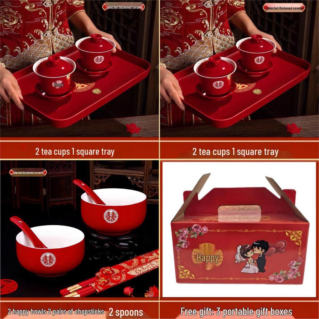 Complete Wedding Tea Set: Red Bowls, Cups with Lids, and Chopsticks for Happy Events