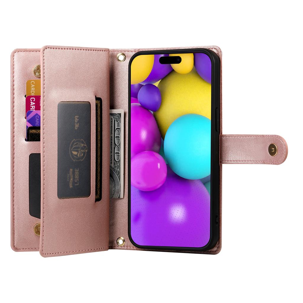 DF-011 For iPhone 16 Case Anti-Drop Leather Wallet Phone Cover with Long / Short Straps