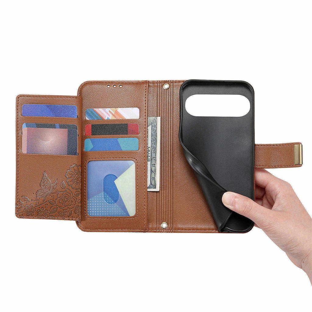 Phone Case For Google Pixel 9 Pro  / 9 Floral Leaf Pattern Multi Card Slots Zipper Leather Phone Cover with Wrist Strap