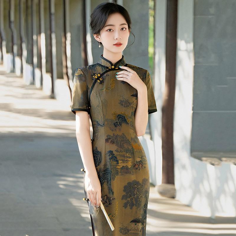 Elegant Vintage-Inspired Long Cheongsam Dress Women Stand Collar Three-Quarter Sleeve With Brocade Jacquard Fabric