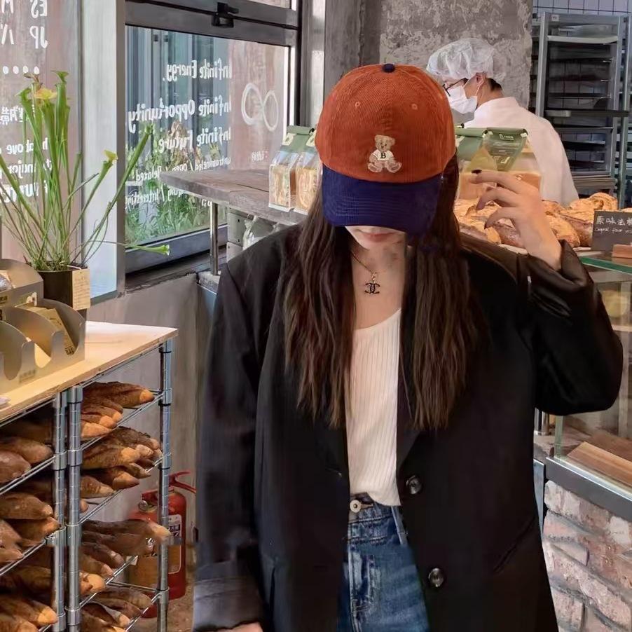 Baseball Hat for Women New Color blocking Little Brown Bear Spring and Autumn Corduroy Showing Face Small Trendy Brand Baseball Hat Men