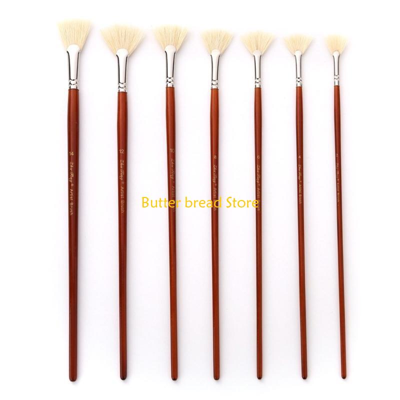 W89C 7-Pieces Fan Paint Brushes Set, Professional Artist Fan Brush Acrylic Paint Brushes with Bristle Hair Long Handle