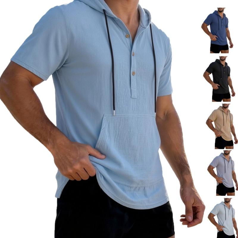 Mens Solid Color Loose Casual Short Sleeve Hooded Shirt
