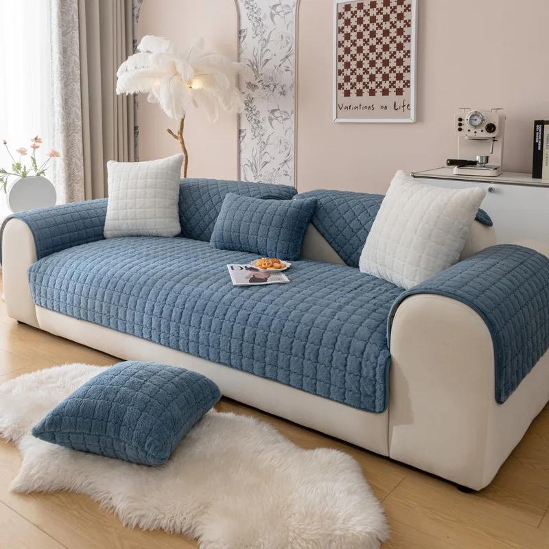 2026 Checkered Solid Color Sofa Cover Fabric for Autumn and Winter Thickened Warm Sofa Cushion Cover Soft and Sticky Anti Slip