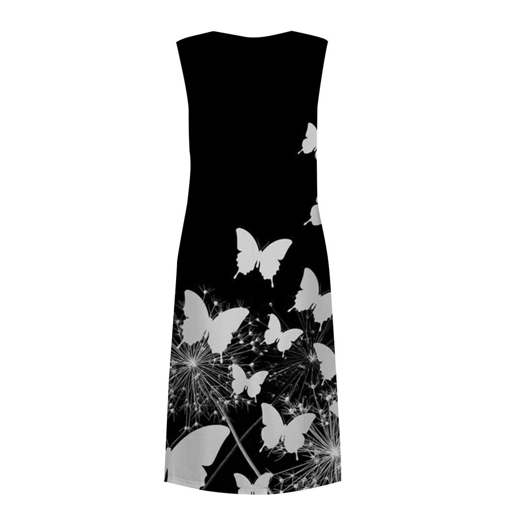 Dámské neformální tištěné šaty s kulatým výstřihem, základní klasické venkovní denní šaty bez rukávů volné