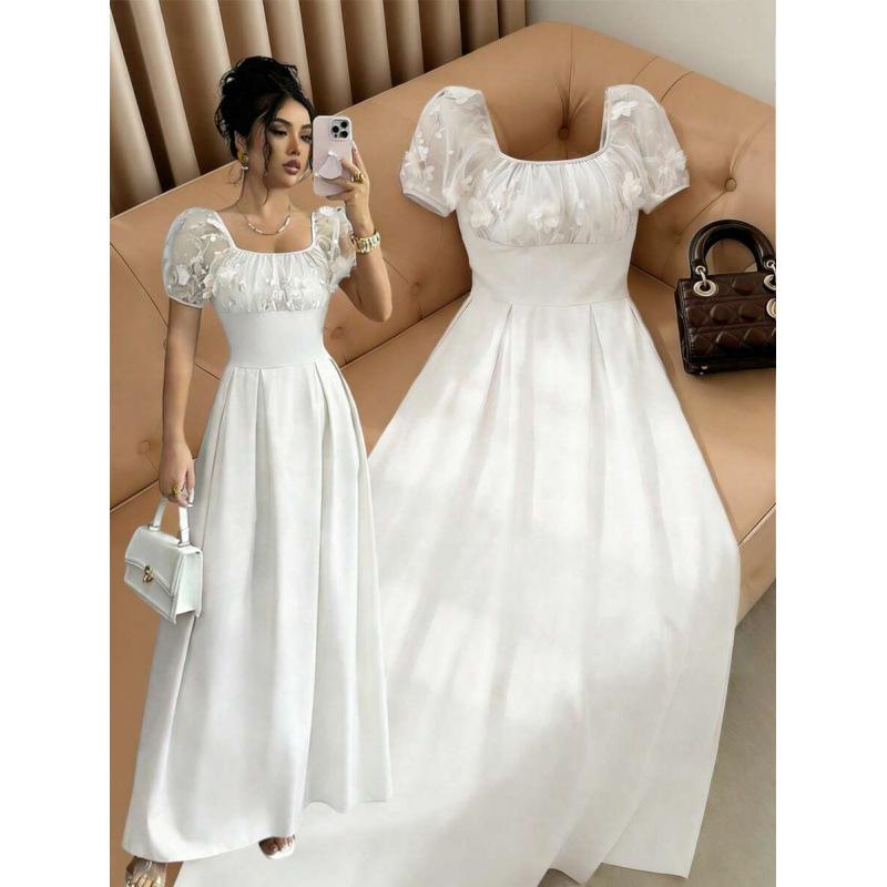 Europe, America 2026 summer new fashion square neck bubble sleeve lace waist slim romantic elegant dress