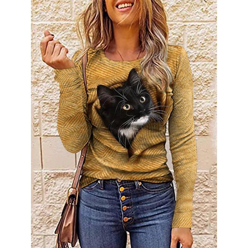 3D Cat Printed T-shirts Fashionable Casual Long Sleeved Women's T-shirts - Soft Medium Stretch Polyester Fabric Spring and Autumn Relaxed Fit Clothing