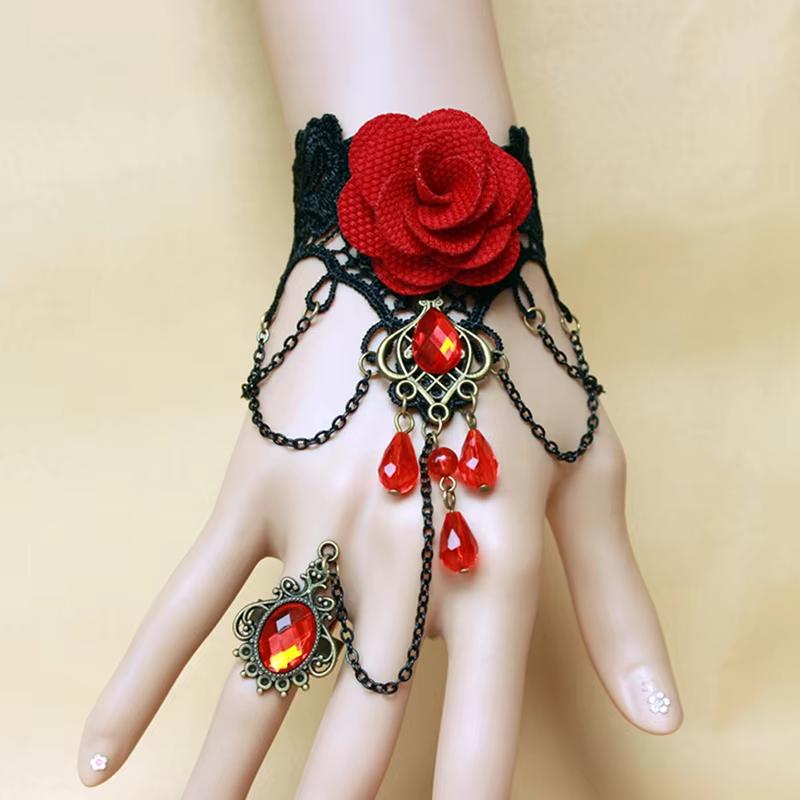 Nueva y elegante pulsera de encaje estilo gótico con rosa roja y anillo ajustable.