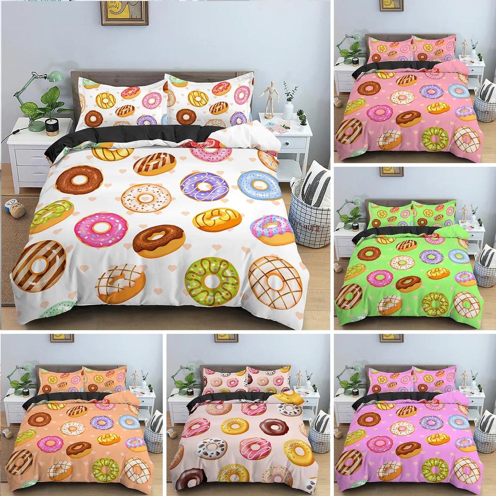 Colorful Donut Cartoon Sweet Chocolate Dessert Comfortable Duvet Quilt Cover Pillowcase Bedding Set Children Bedroom Decoration