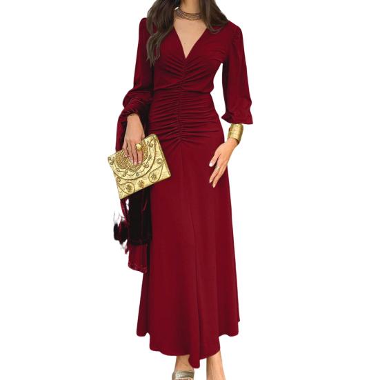 Women's Ruched Bodycon Evening Dress Casual Long Sleeve V Neck Prom Dress Cocktail Party Formal Maxi Mermaid Dress