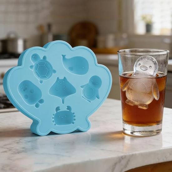 Ocean Animal Silicone Ice Cube Tray Food-Grade Flexible Mold for Seashell Turtle Whale Shapes Easy-Release Fun Ice Maker for Cocktails