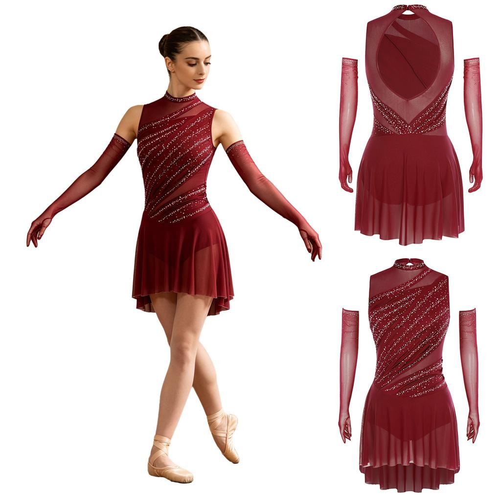 Ladies Lyrical Dancewear Sleeveless Backless Rhinestone Dress with Opera Length Mesh Gloves Crew Neck for Competition Recital