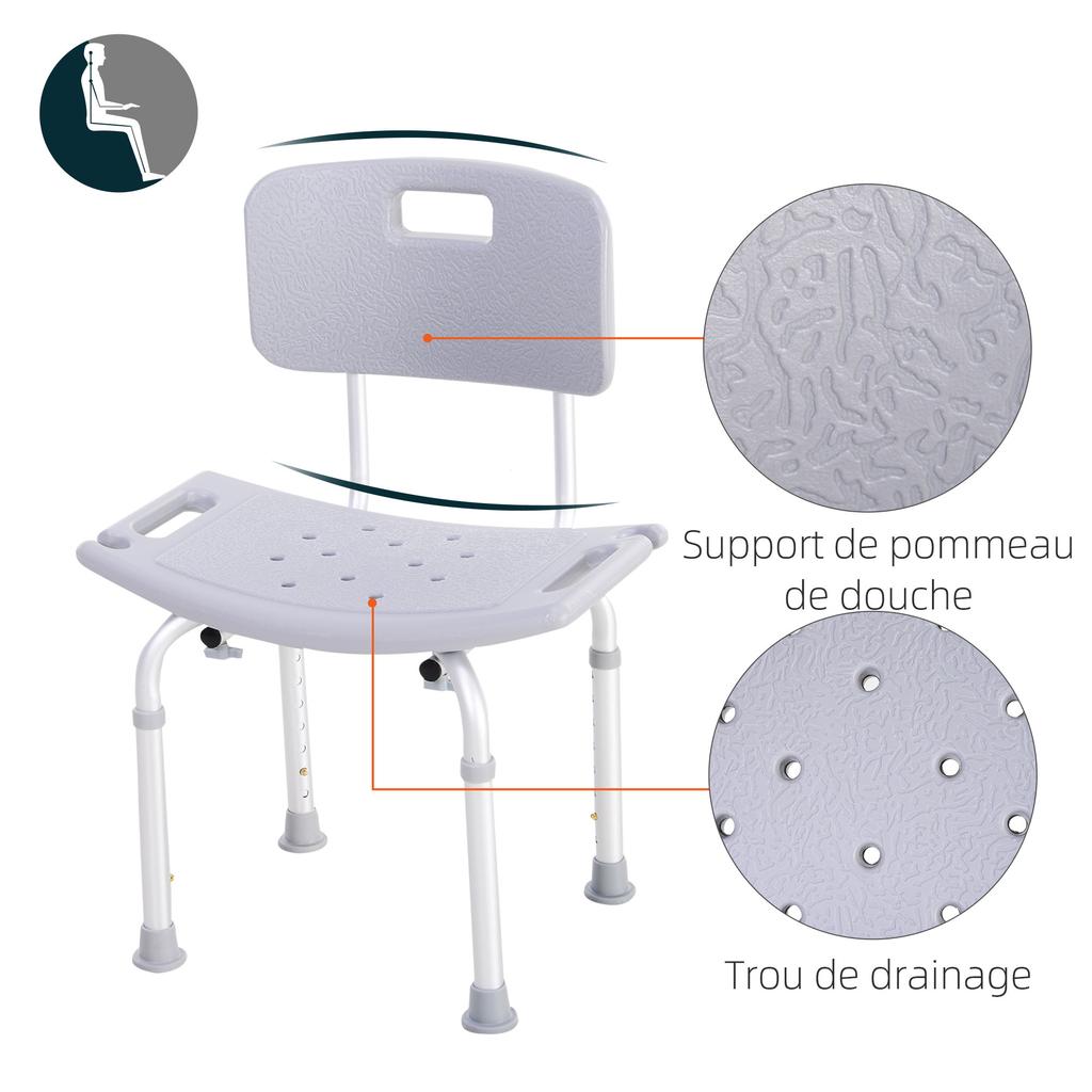 Shower Chair Ergonomic Shower Seat Adjustable Height Non-Slip Feet Max. Load 136 kg Aluminum HDPE