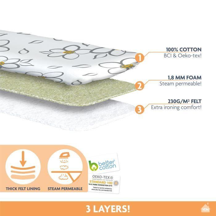 LaundrySpecialist® COMFORT Taille L-XL (T2) Housse De Repassage 100% Coton Avec Doublure En Molleton Épais - Fleurs