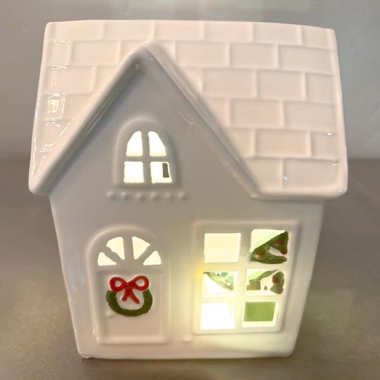 Christmas Village House Figurine LED Lighted White Small House Tabletop Decoration Winter Rustic Farmhouse Holiday Decor for Mantel Tabletop Room