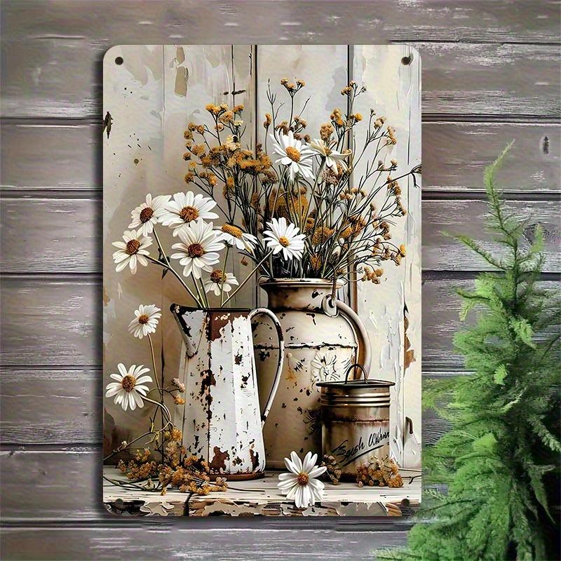 

Vintage D Flat Rustic Daisy Floral Vase Retro Tin Sign Farmhouse Style Metal Wall Decor for Kitchen Bedroom Flower Lovers 20x30cm（7.8x11.8inch）