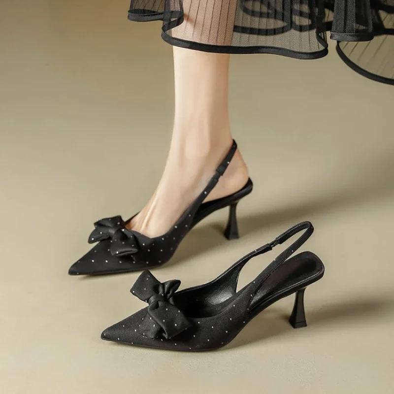 Bow Patent Leather Slingbacks Heels  New Temperament Women Stilettos Shoes Elegant Pointed Toe Loop Strap Pumps For Woman