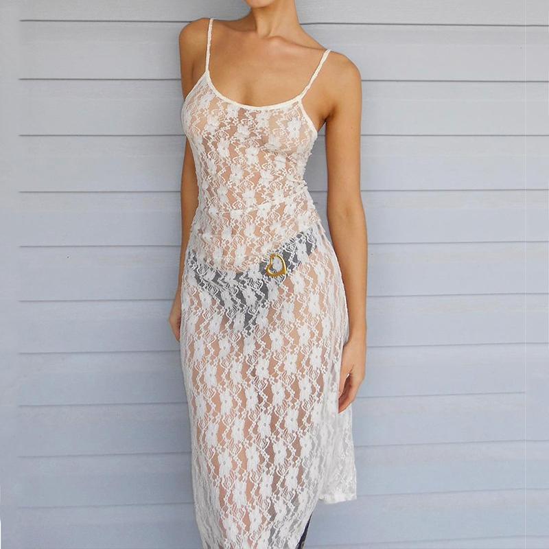 European and American Women's Summer Plum Blossom Mesh Suspender Sexy Backless Temperament Long Skirt Dress for Women