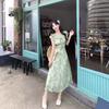 Light luxury celebrity style temperament French floral mesh suspender dress green high waist slim skirt