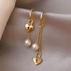 Trendy Gold Color Heart Lock Long Pearl Dangle Earrings for Women Korea Asymmetrical Love Heart Drop Earing Fashion Jewelry
