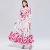 Elegant Gorgeous Flower Women Long Dress with Belt Stand Collar Lantern Sleeve Diamond Buttons 2026 Spring Summer Holiday Robes