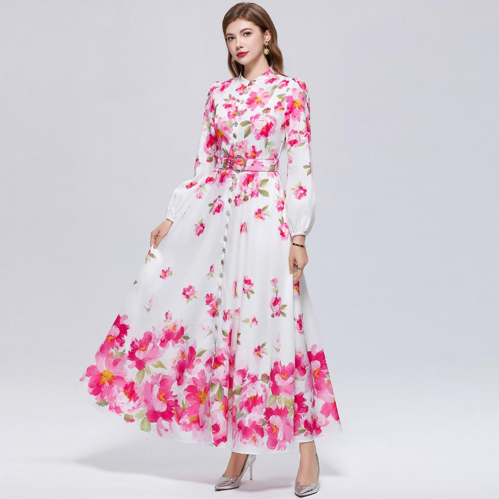 Elegant Gorgeous Flower Women Long Dress with Belt Stand Collar Lantern Sleeve Diamond Buttons 2026 Spring Summer Holiday Robes