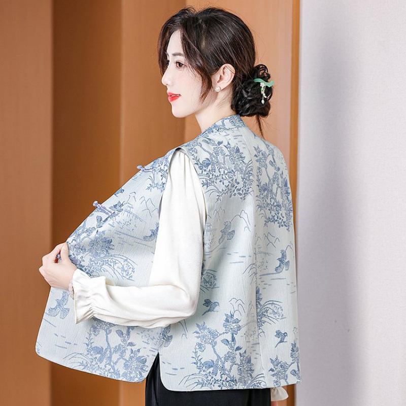

Women s Slimming Embroidered Jacquard Vest with Frog Buttons 5XL (150-165 jin) синій