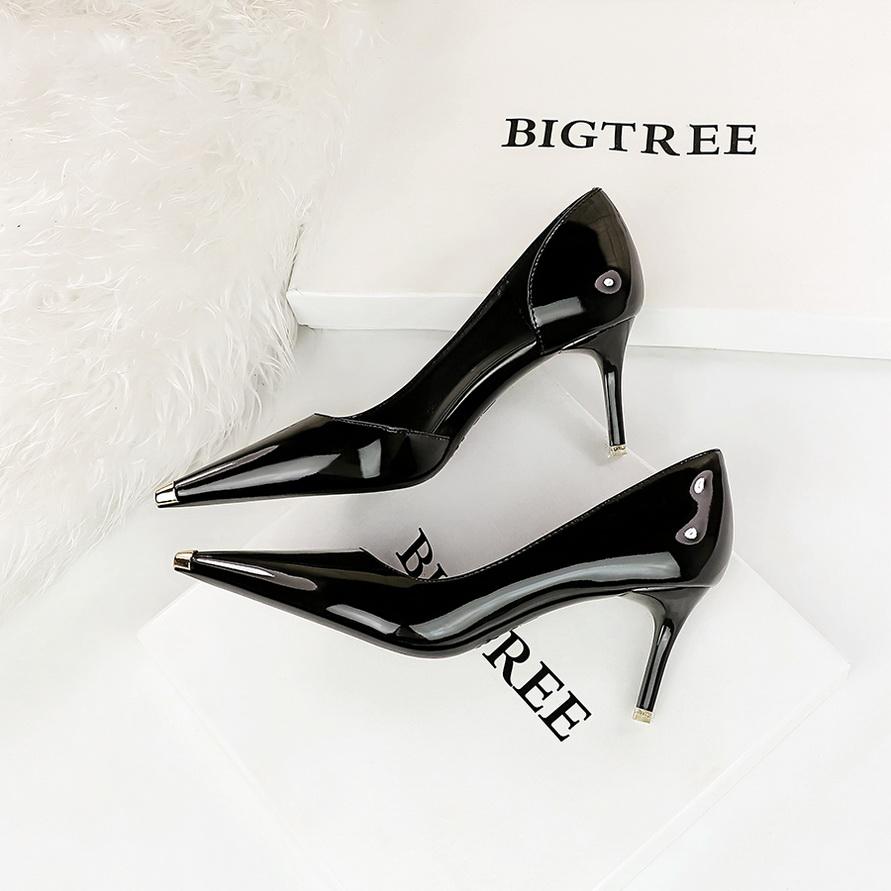 Fashion Women Classic 7cm 10.5cm High Heels Sexy Club Metal Cap Toe Pumps Lady Fashion Orange Red Kitten Low Heels Glossy Leather Shoes