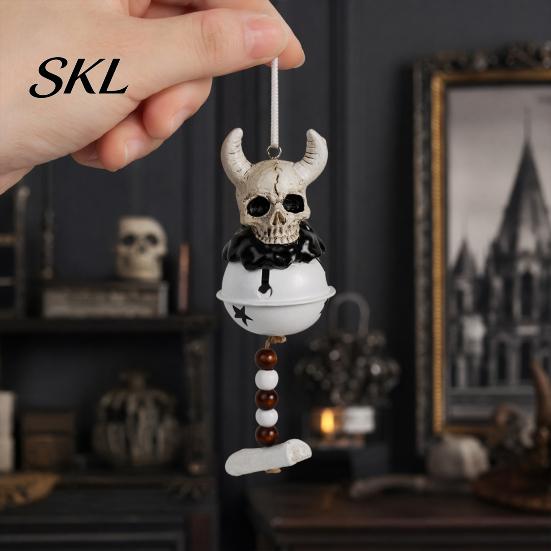 Reusable Halloween Bell Jingle Ornament, Gothic Bull Skull/Angel Wings Hanging Seasonal Decor Decoration for Tree, Party Home