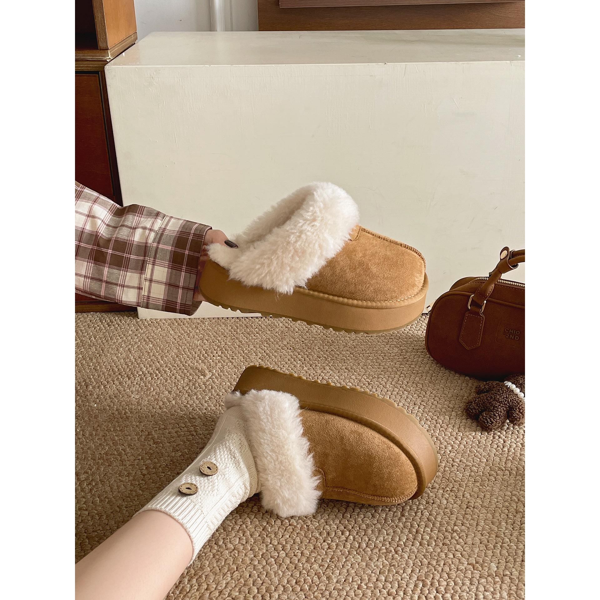 Wang Fan brown thick-soled fluffy slippers winter warm Birkenstock cotton slippers 35