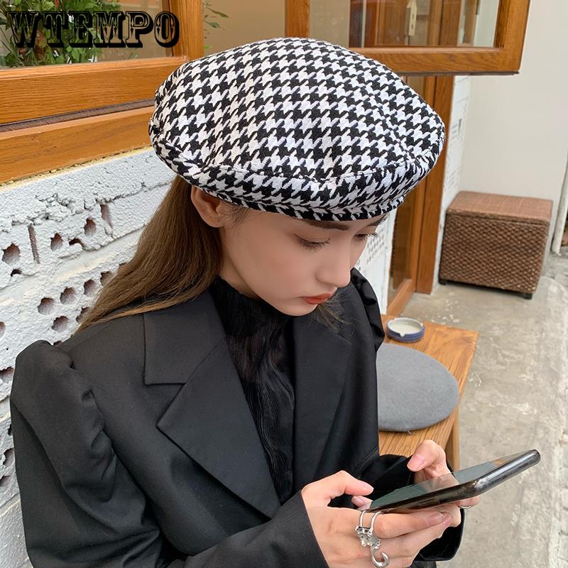 Autumn Winter Houndstooth Beret Hats for Ladies Casual British Flat Top Hat Elegant Wool Without Eaves Painter Hats