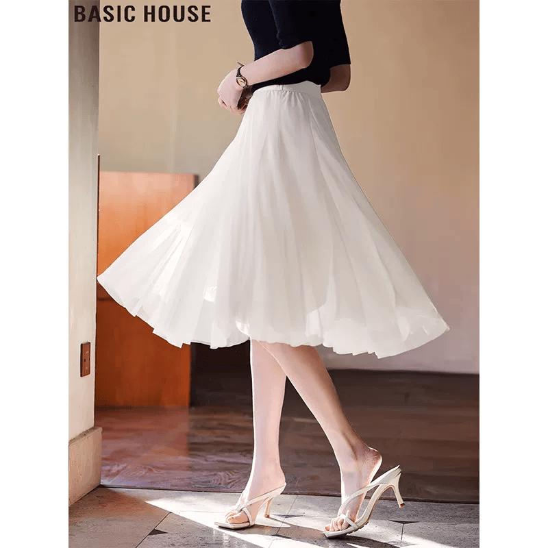 Basic House Women s Mesh High-Waist A-Line Midi Skirt M
