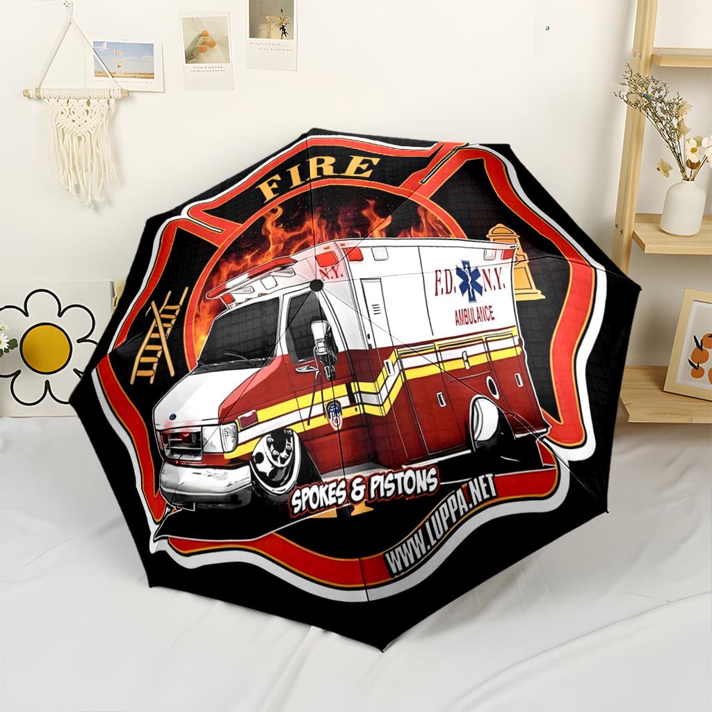 Fire Department Emblem Automatic Umbrella Compact 8-Rib Design Durable Plastic & Iron All-Season Use Fashion Lovers Spiritual Gift