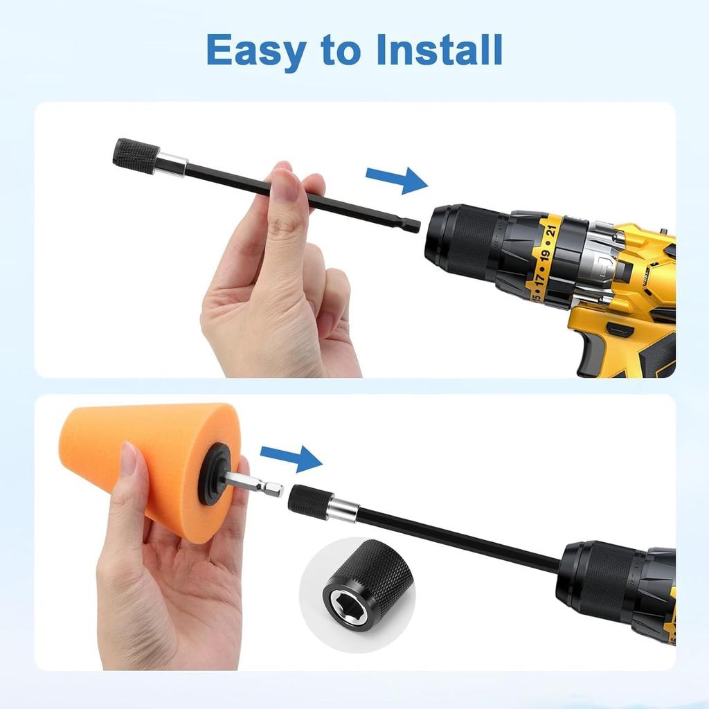 7Pcs Drill Polishing Cone & Ball Sponge Set, Foam Buffing Pads with Extension Holder & Brush, 1/4" Hex Shank for Electric Drill, Car Wheel Hub Rim