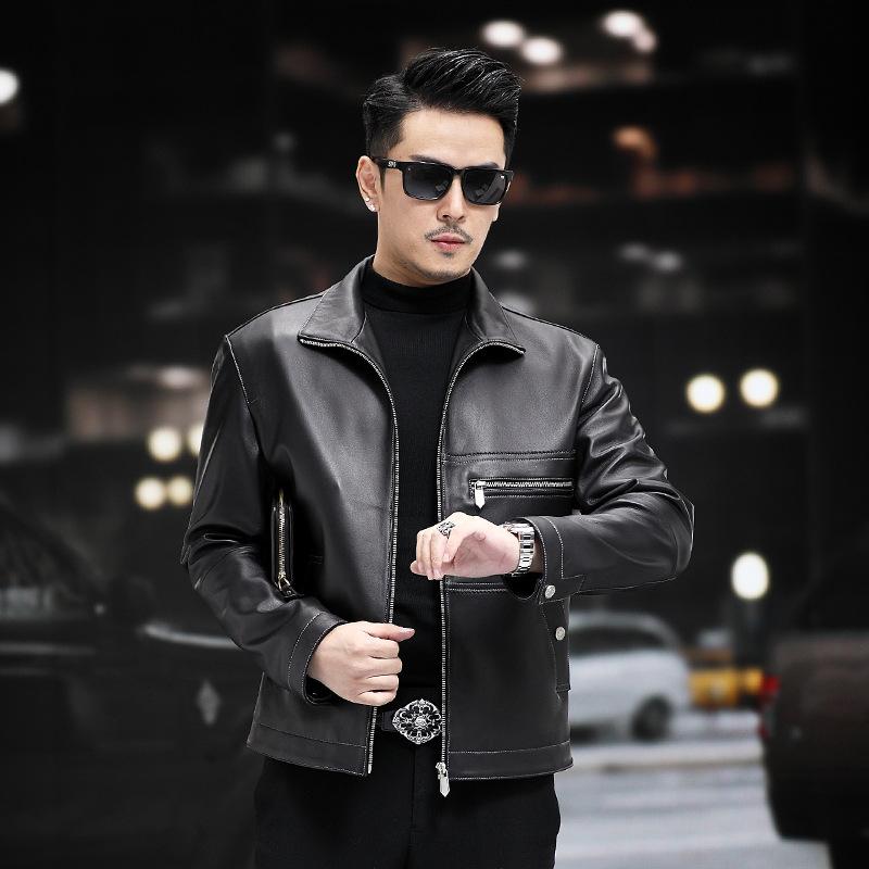 Novas jaquetas de couro genuíno para outono e inverno, jaquetas masculinas de pele de carneiro, jaquetas de couro para motocicleta, roupas masculinas de negócios