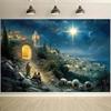 Bible Birth Scene Photography Background Fabric, Shepherd and Town, Polyester, Suitable for Christmas and Birthday Parties