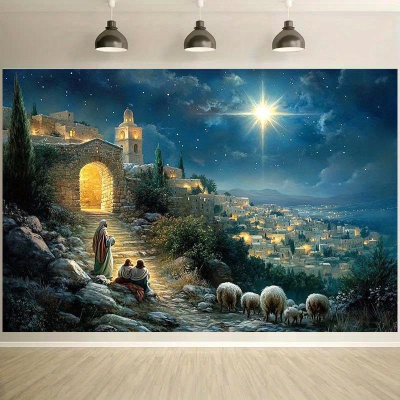 Bible Birth Scene Photography Background Fabric, Shepherd and Town, Polyester, Suitable for Christmas and Birthday Parties