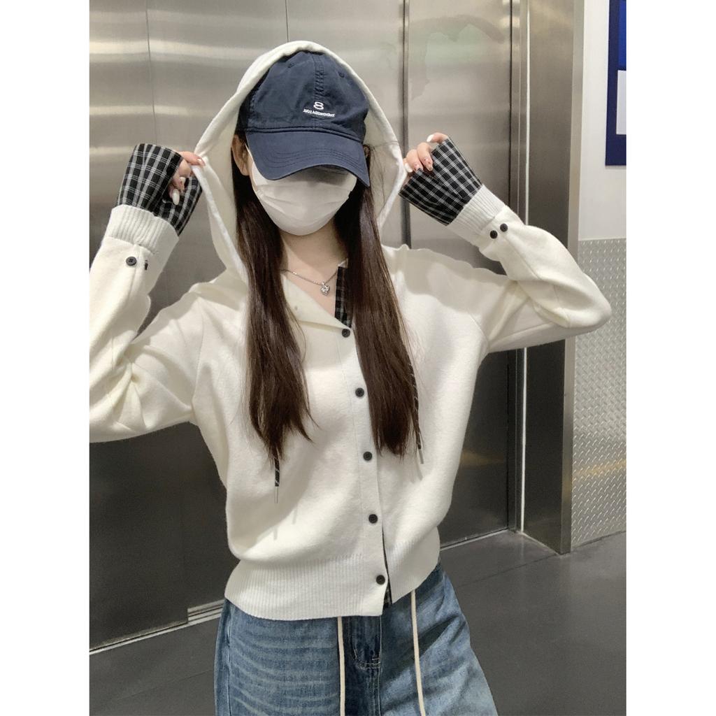Sweet and cool plaid splicing knitted jacket women's autumn and winter hooded cardigan backing top single-breasted age-reducing sweater