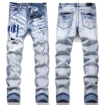 Jeans pour homme Streetwear Bleu Jeune Effiloché Brodé Déchiré Élastique Coupe Slim Court 3949