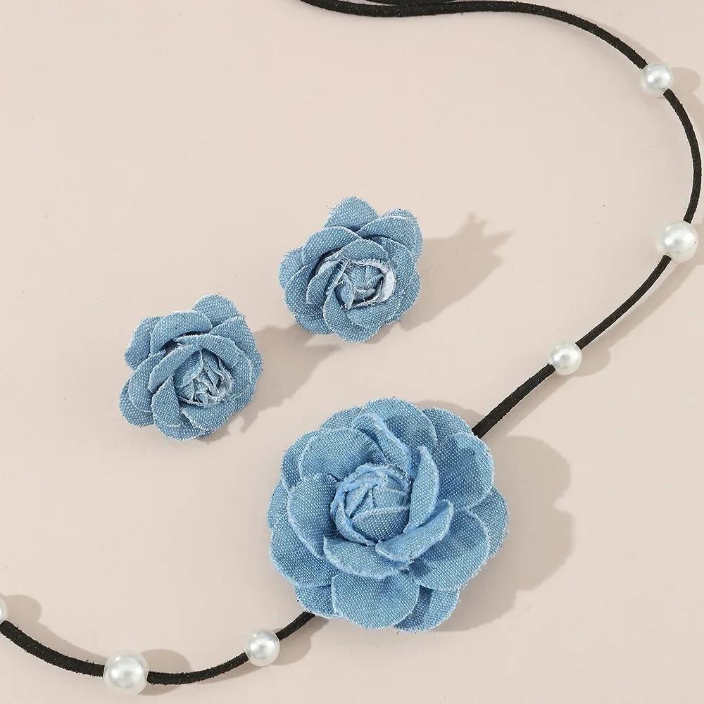 Blue Denim Flower Choker Necklace & Earrings Set for Women, Lace-up Rope Chain Fashion Jewelry