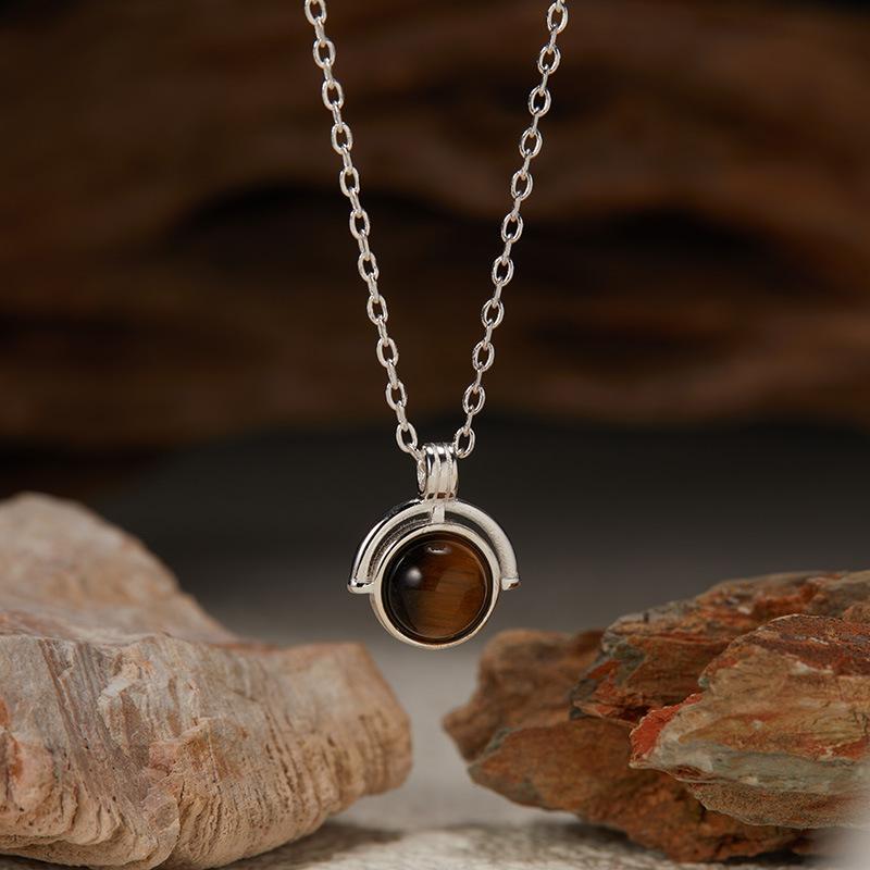 Simple And Stylish Design Colored Treasure Necklace Women'S S925 Sterling Silver Natural Red Agate Tiger Eye Aquamarine Moonstone Pendant