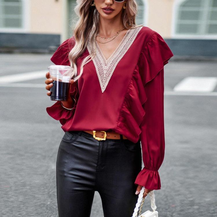 Women's Casual Loose Blouse Autumn Commuter V Neck Ruffles Long Sleeve Lace Shirt Top
