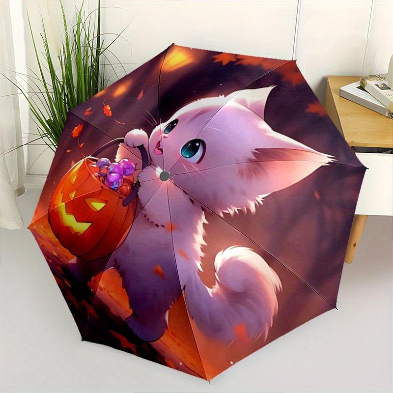

1pc White Cat Holding Pumpkin Lantern Fully Automatic Folding Portable Fashion Umbrella, 8 Iron Frames, Three-Fold Design, Suitable for All Seasons, S